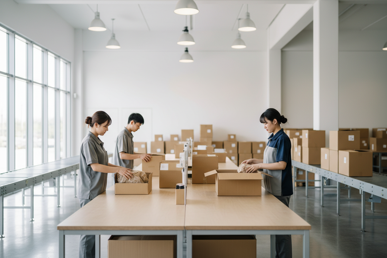 ultra realistic modern fulfillment warehouse interior,
clean and organized packing area,
2 to 4 workers calmly packing cardboard boxes on tables,
neutral clothing, professional appearance,
no logos, no brand names, no readable labels,
no specific products visible,
bright natural daylight mixed with soft industrial lighting,
minimal and premium ecommerce aesthetic,
real company behind-the-scenes feel,
wide angle shot, DSLR photography,
high detail, sharp focus, realistic colors
